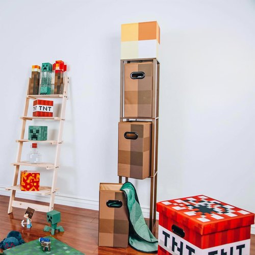Minecraft Brownstone Torch 5-Foot Standing Floor Lamp and Storage Unit | Includes 3 Cube Organizer Storage Bins