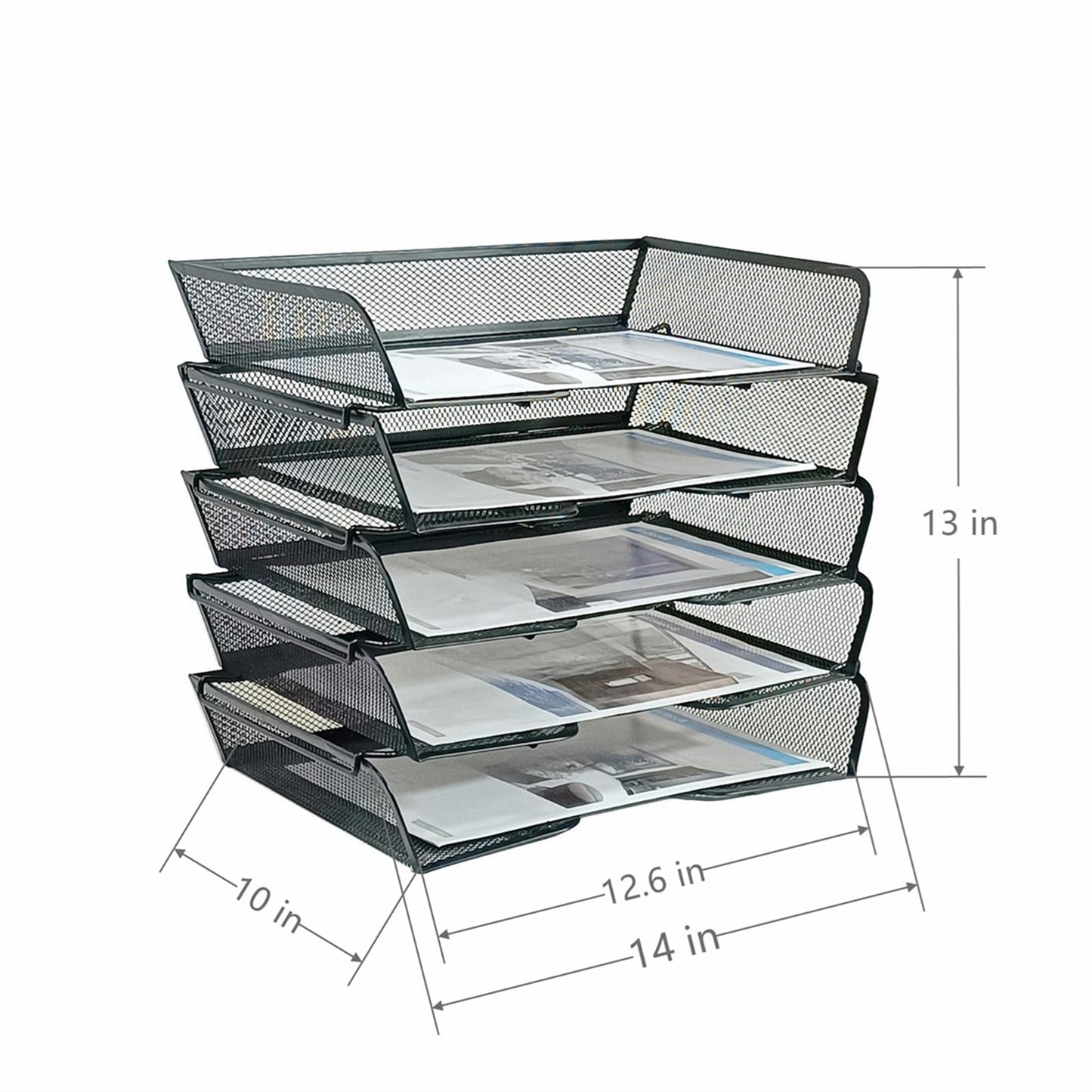 5 Tier Metal Mesh Desk Organizer-Stackable Letter Trays for Office Supplies,Black File Storage System with Reinforced Edges