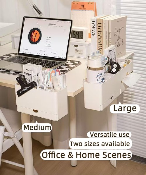 Desk Side Storage Organizer, Desk Cup Holder, No Drill Pen/Pencil/Phone Holder with Hanging Under Table, Clamp On Desktop Side, Stationery Organization Accessories for Home Office(L-size)