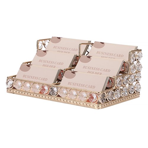 Hipiwe 3 Tiers Crystal Business Card Holder Gold Business Card Display Stand with 6 Slots Name Card Organizer for Office Exhibition Business