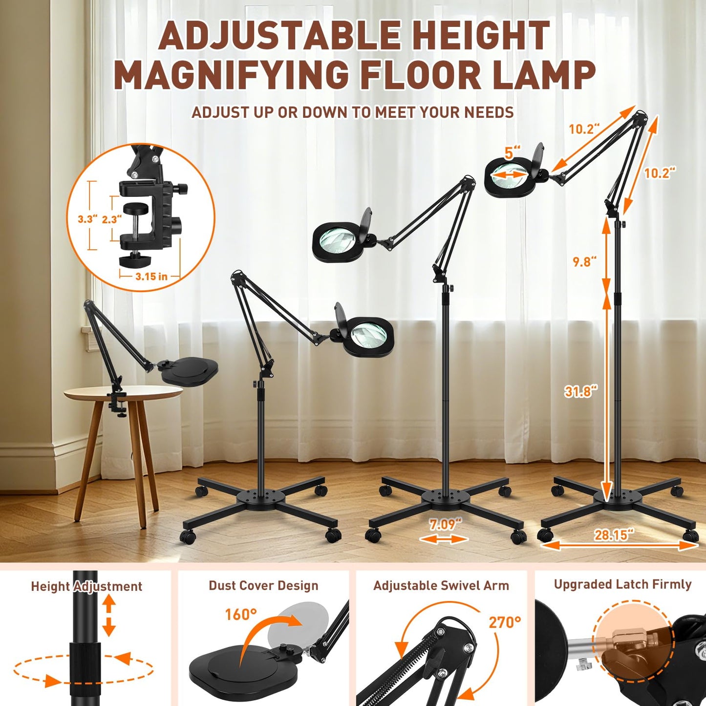 HITTIT 12X Large Floor Magnifying Glass with Light and Stand, 5-Inch Real Glass Lens, 4-Wheel Rolling, Adjustable Height, Dust Cover, 2-in-1 Lighted Magnifier for Reading, Craft,Sewing-Black