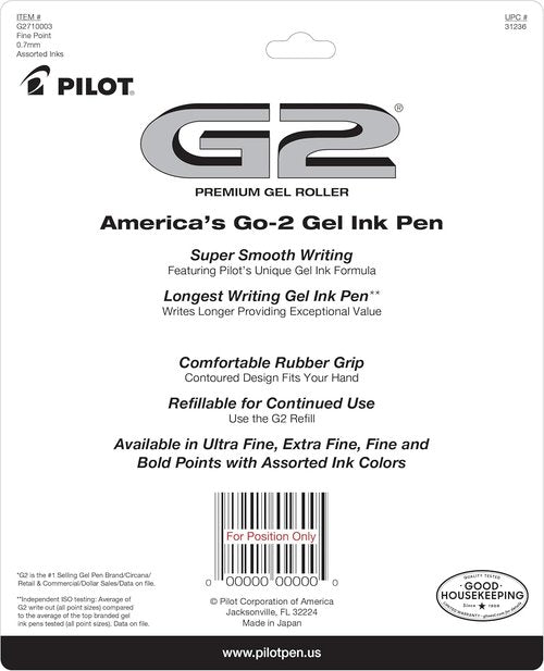 Pilot G2 Gel Pens - Premium Fine Point 0.7 mm Assorted Colors - Set of 10