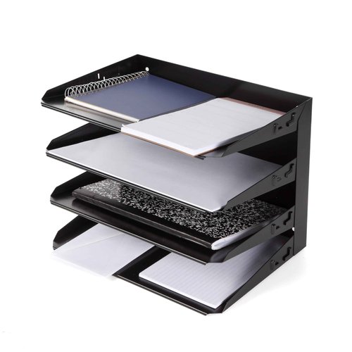 Huron Desktop Horizontal 4-Slot File Binder Organizer Storage Letter Tray, Black Commercial Grade Steel