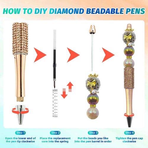 DASTTUIS 150 Pcs DIY Diamond Beadable Pen Kit - 50 Plastic Rhinestone Beaded Pens Bulk with Refills & Bags - Fancy Cute Glitter Pens for Crafting, Students & Teachers – School Supplies (Gold)