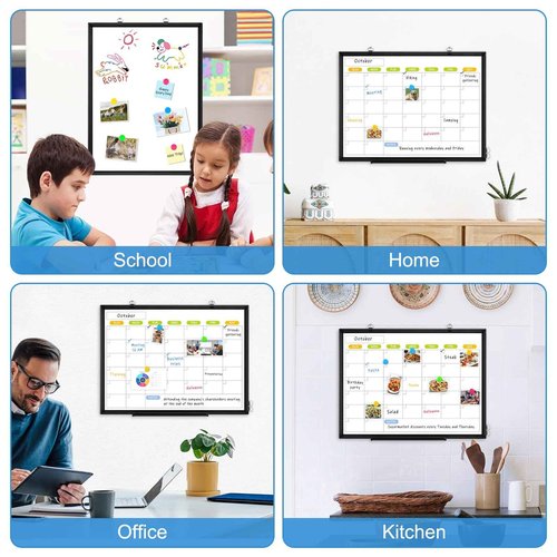 Dry Erase Calendar Whiteboard for Wall, WALGLASS 24" x 18" Magnetic White Board, Monthly Dry Erase Calendar with Black Aluminum Frame, Double-Sided Hanging Portable Board for Office, Home, School
