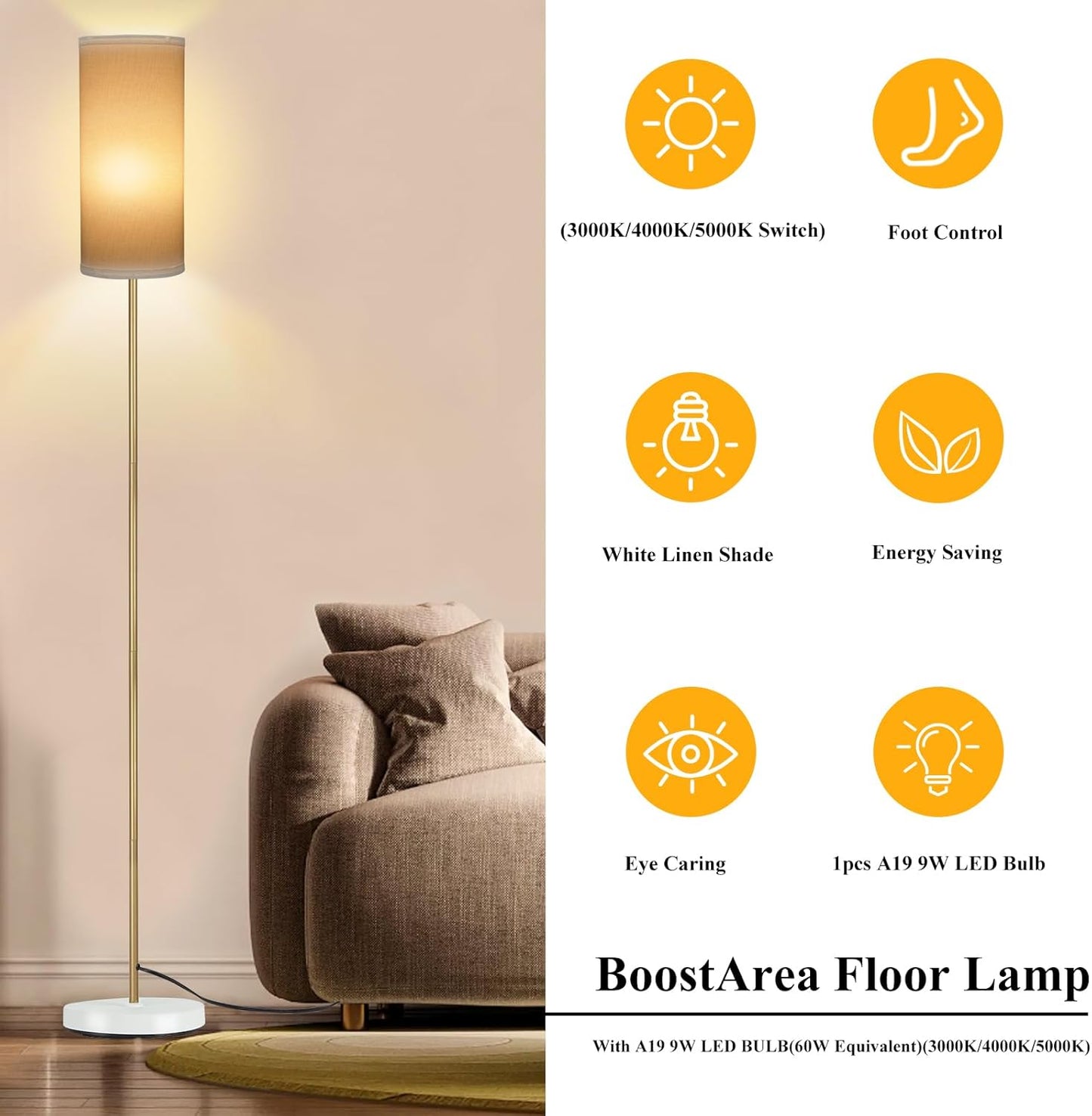 BoostArea Floor Lamp - Modern 3 Color Temperature Tall Lamp for Living Room & Office | White Linen Shade