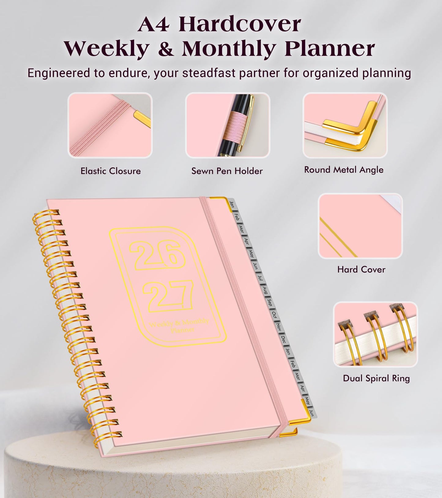 Planner 2026-2027, 18 Months Weekly and Monthly Hardcover Planner, January 2026 - June 2027, 8.5" x 11" A4 Large Daily Calendar Planner Book with Tabs, Spiral Yearly Agenda Organizer Notebook for School Work Home, Pink