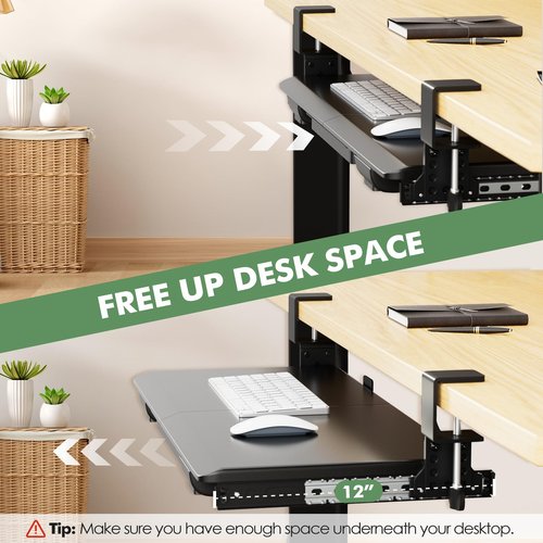 Height Adjustable Keyboard Tray Under Desk Slide Out, 27(33 Including Clamps)*11 Inch, Ergonomic Keyboard & Mouse Drawer Extender Holder, Sturdy C-Clamp Mount, for Home, Office, Black