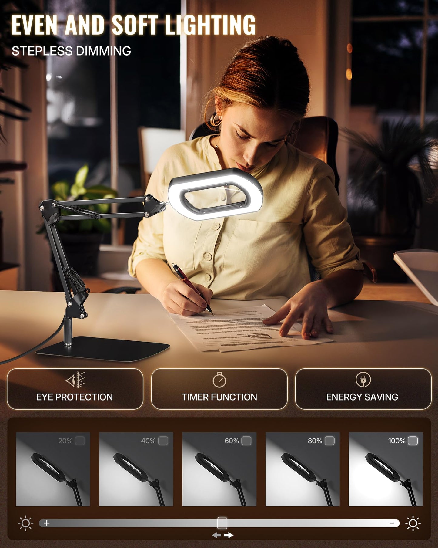 GOEBLESON 10X Square Magnifying Glass with Light and Stand, 2-in-1 LED Lighted Desk Lamp & Clamp, 5 Color Modes Stepless Dimmable, Hands-Free Magnifier Desk Lamp for Reading Craft Close Work B01DL05