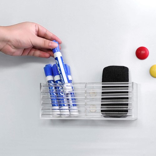 MyGift 2 Slot Clear Acrylic Magnetic Whiteboard Marker Holder, Decorative Office Supplies Storage Bin Organizer, Desktop Pencil Cup