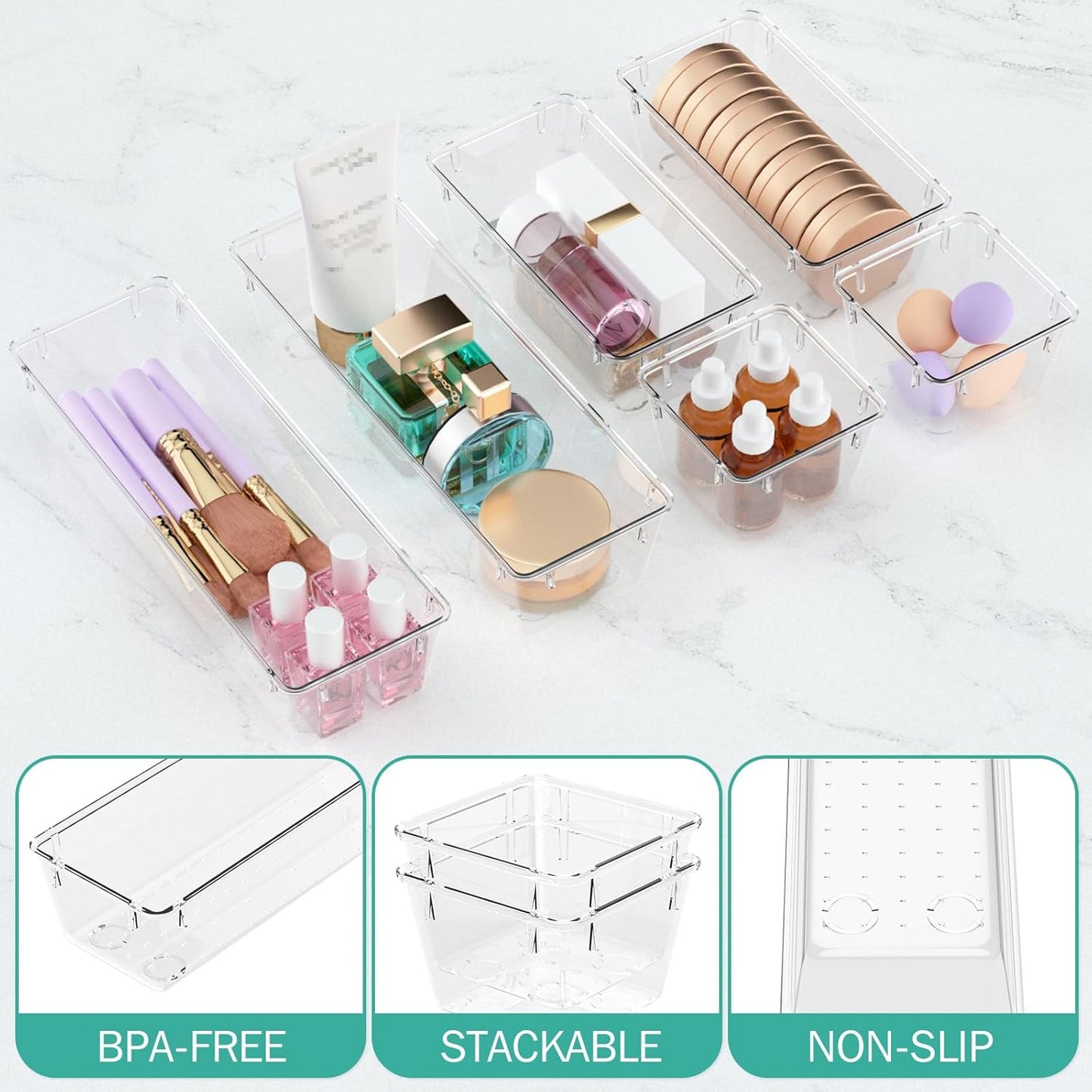 WOWBOX Clear Drawer Organizer Set - 6 Pack Acrylic Storage Trays for Makeup, Jewelry & Office Supplies