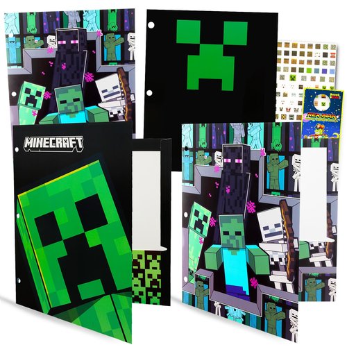 Minecraft Folders for School - Video Game Pocket Folder Bundle Includes 4 Laminated Plastic Folders Plus Stickers, More Minecraft Kids School Supplies