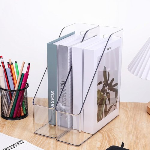 Zyghjort 2 Pack Clear Magazine File Holder, PET Magazine Shelf Desk Book Organizer Vertical Binder Storage Case for Home School Office Table Organization Supplies