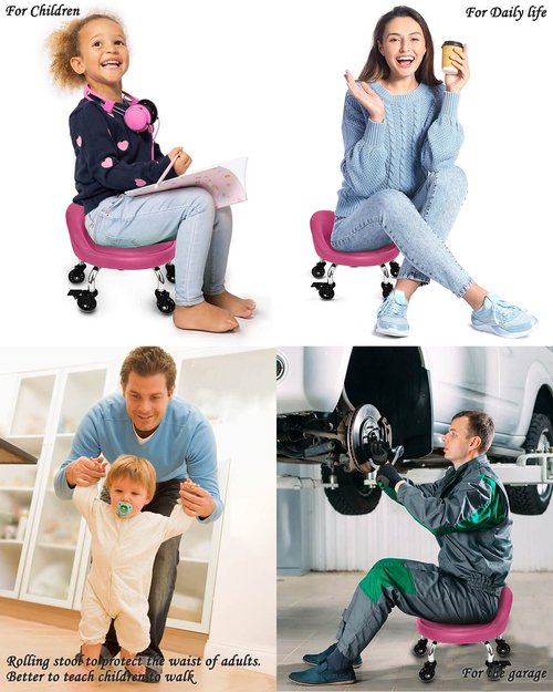 Vapaa taide Rolling Stool with Backrest 450 Lbs High Weight Capacity PU Leather Roller Seat and Heavy-Duty Crystal Universal Wheels for Men Women Boy Girl Furniture Gift, Home Office Red