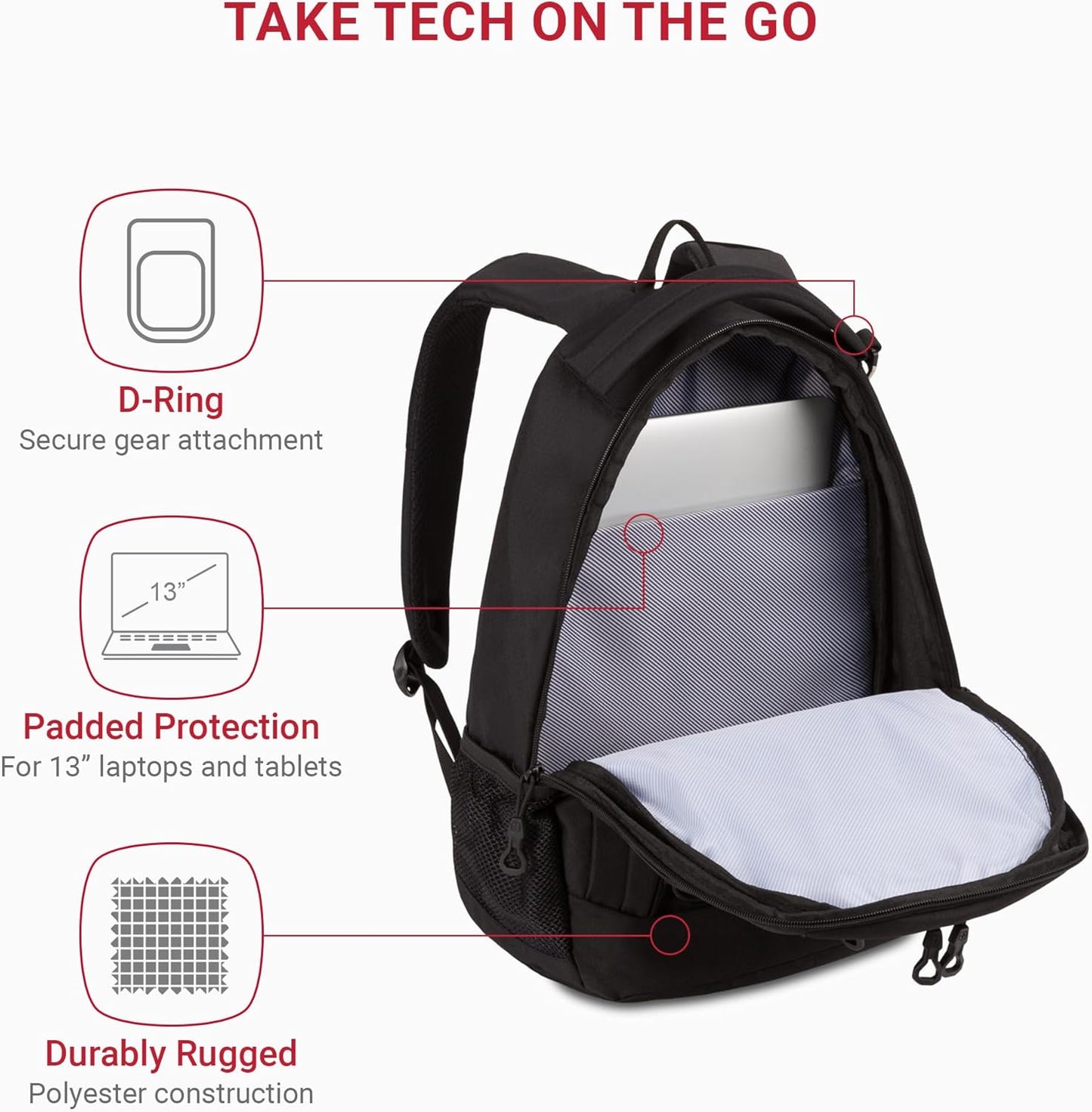 SwissGear 1186 Special Edition 13” Laptop Backpack - Compact Black Tech Bag with Reflective Accents & Organizer Pockets