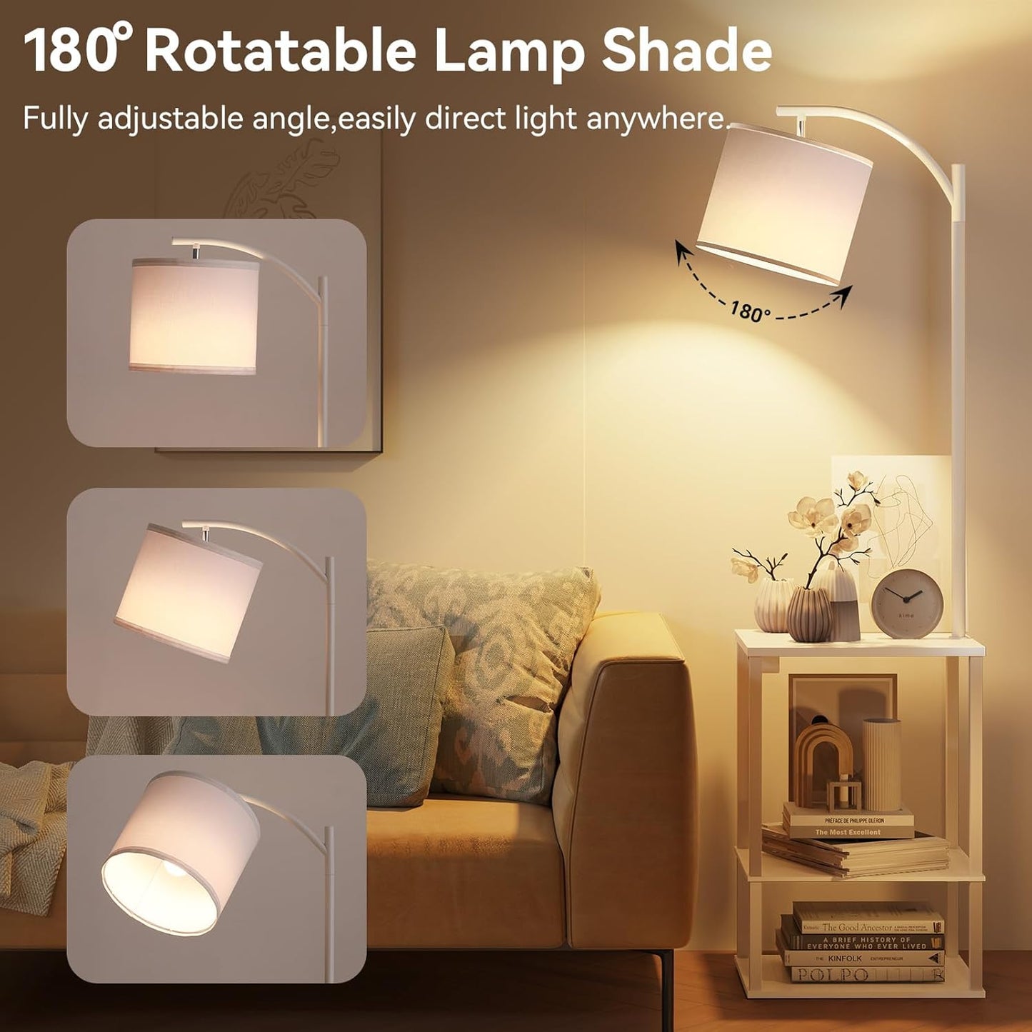 SUNMORY Floor Lamp with Table - Modern Nightstand & Charging Station | 3 Color Temperatures, USB & AC Ports