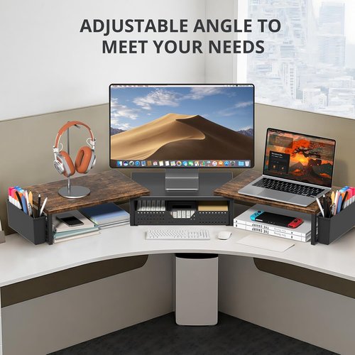 OPNICE Dual Monitor Stand Riser - Desk Organizer with Drawer & 2 Pen Holders | Rustic Brown Wood