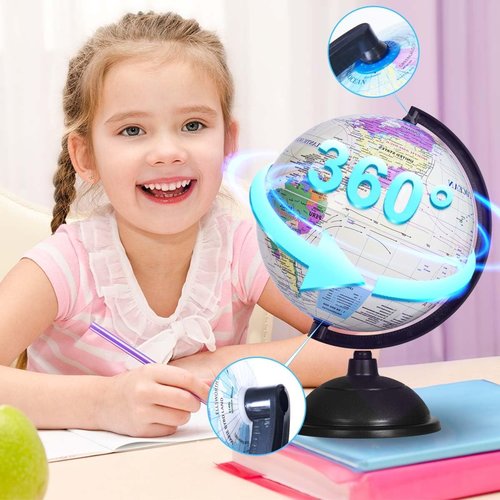 KISEER 8-Inch Rotating World Globe - Educational Spinning Earth for Kids | White Stand