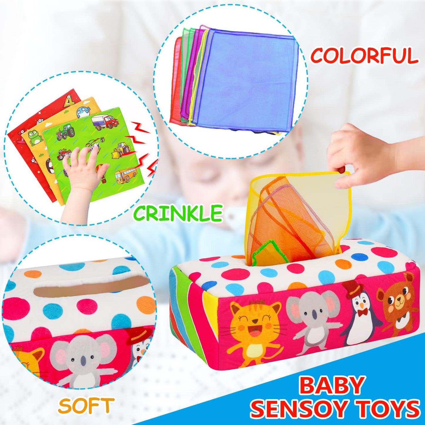 Thremhoo Montessori Tissue Box Baby Toy - Sensory Crinkle Developmental Gift for Infants & Toddlers