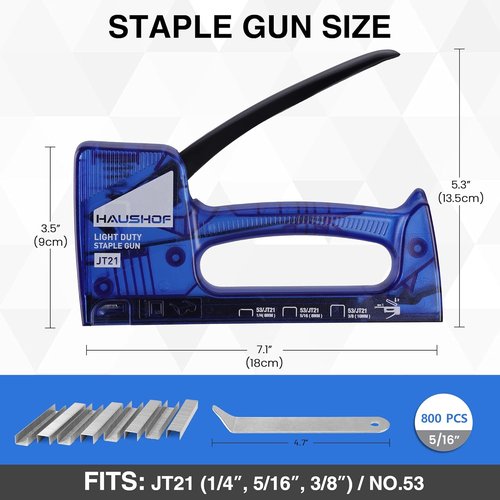 HAUSHOF Light Duty Staple Gun - Upholstery Tool with 800 JT21 Staples & Remover | Fits 1/4'', 5/16'', 3/8''