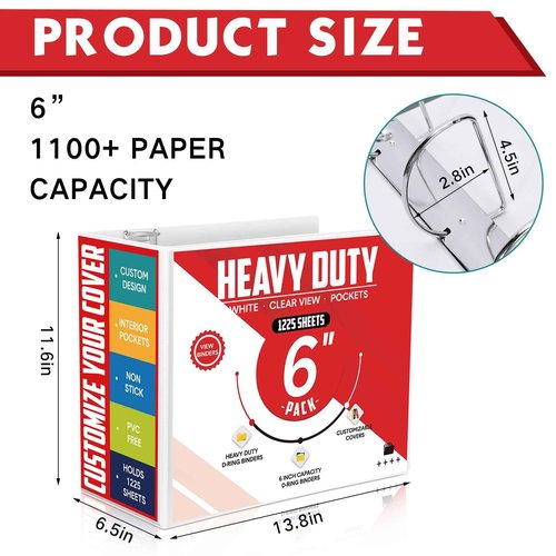 Sinload 6 Pcs 3 Ring Binder, 6 Inch Large Capacity 3 Slant D Ring Binders with Pockets, 8.5" x 11" Presentation Folder View Binder with Customizable Clear Cover for Documents Files Projects (White)