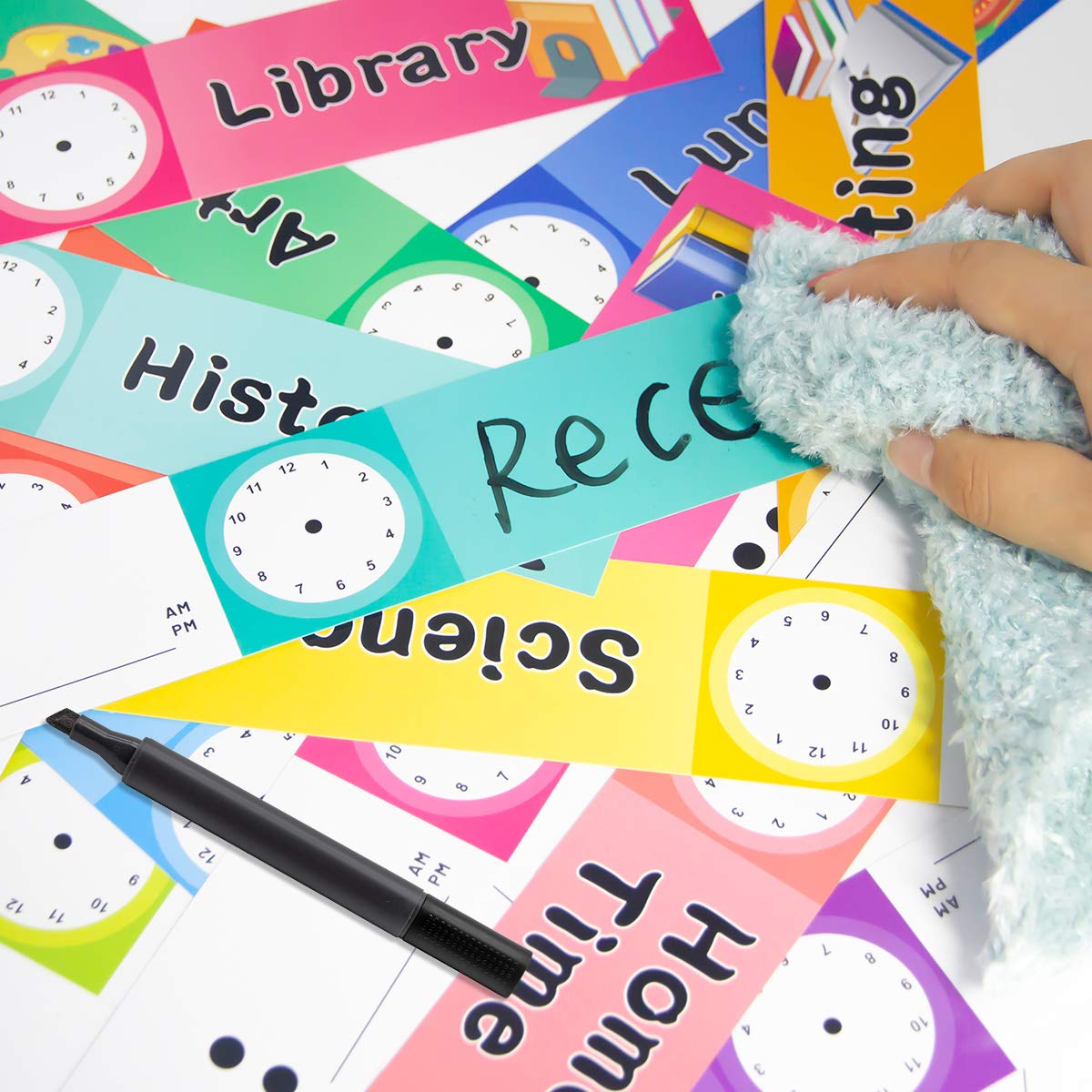 Fancy Land Daily Schedule Pocket Chart Educational Pocket Chart for Classroom Office Home Teachers Preschool Activity Supplies 15 Pockets 27 Double-Sided Reusable Dry-Eraser Card 13 x 37 Inches