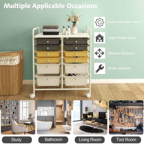 Giantex 12-Drawer Rolling Storage Cart, Multipurpose Movable Organizer Cart, Utility Cart for Home, Office, School (Yellow)