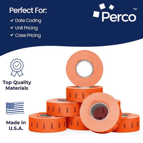 Perco 1 Line Fluorescent Red Sale Labels - 8 Rolls, 1 Sleeve, 8,000 Blank Price and Date Gun Labels for Perco 1 Line Price and Date Guns - Made in USA
