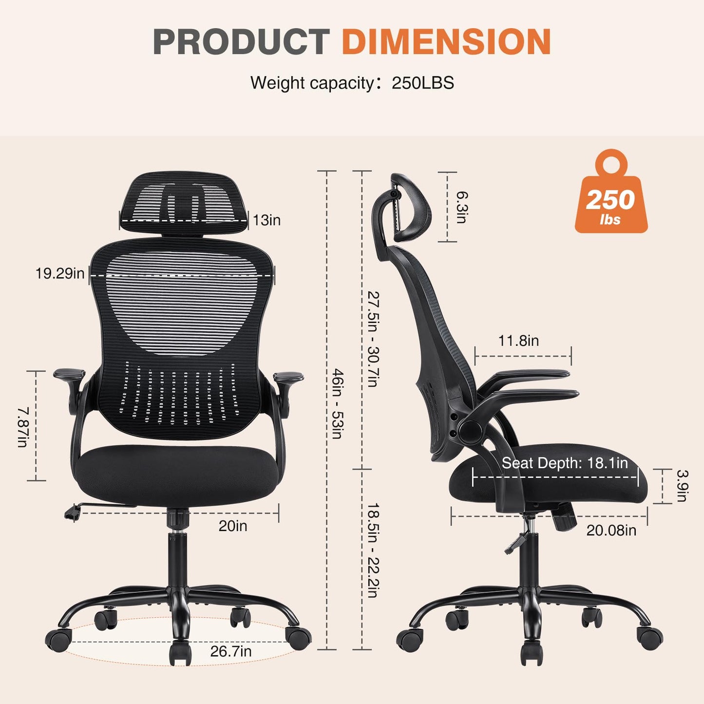 Sweetcrispy Home Office Managerial Executive Chair, High-Back Mesh with Adjustable Headrest, Flip-up Armrest Comfortable Lumbar Support, Comfy Arms for Bedroom,Study,Student
