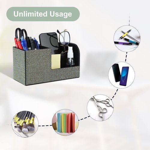 Desk Pen Pencil Holder Bling Pasted Rhinestones Paper Stationery Storage Box, Multi-functional Organizer for Pen,Pencil,Cell phone,Business Name Cards,Eye Glasses,Remote Control Holder (Color)