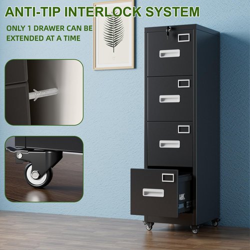 Aobabo File Cabinet 4 Drawer with Wheels, Lockable Office Metal Filing Cabinet with Name Card for Office and Home,Assembly Required,Black