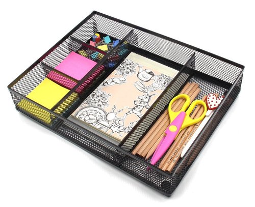 EasyAPG Desk Drawer Organizer with 5 Compartments, Metal Mesh Storage Tray with Anti-Slip Pads for Office, Kitchen, Bathroom - Black