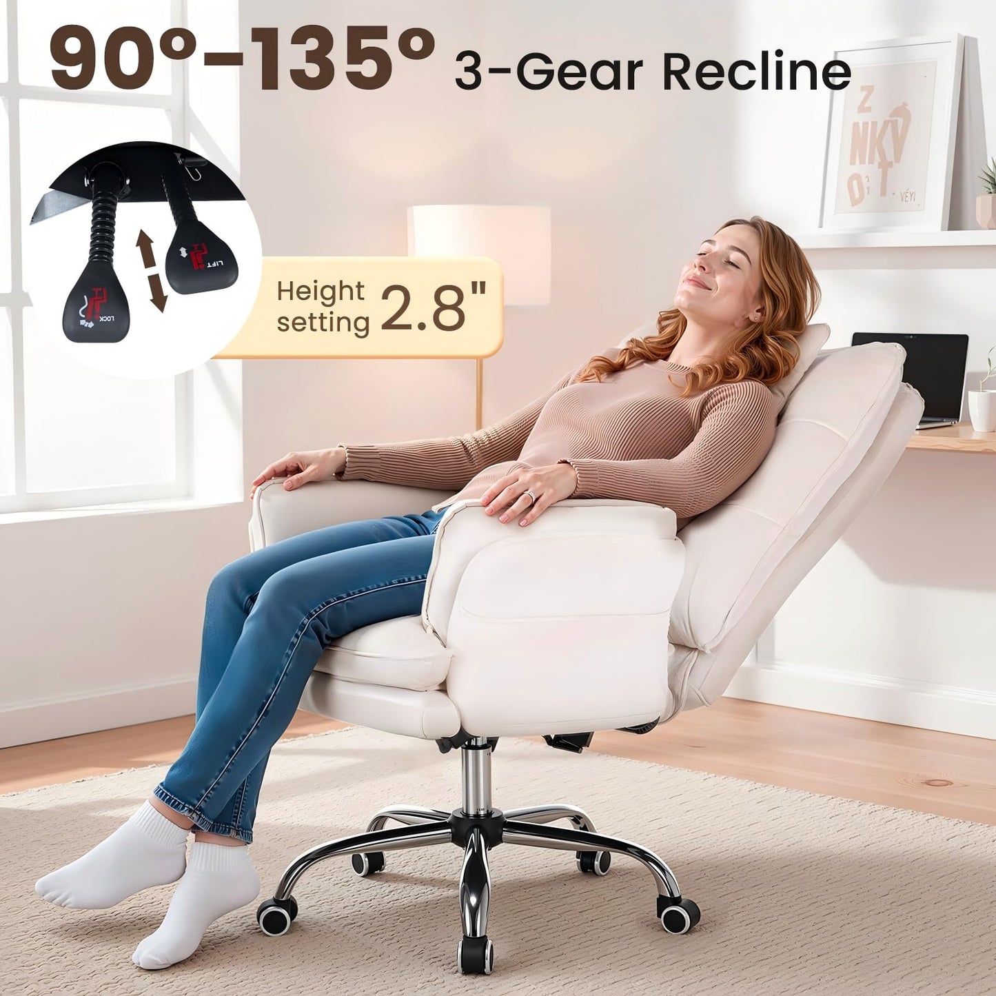 EROMMY Criss Cross Chair with Wheels, Big and Tall Velvet Office Chair Reversible Armrest and Wide Seat, Comfy Reclining Computer Chair for Gaming, Reading, Working, Beige