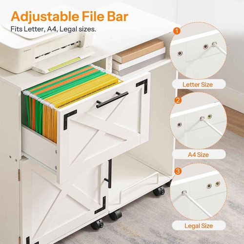 HOOBRO File Cabinet with Charging Station/LED Lights, Wooden Lateral Filing Cabinet on Wheels, Printer Stand with Open Storage for Home Office, A4, Letter, Legal Size Files, White WT85UDWJ01