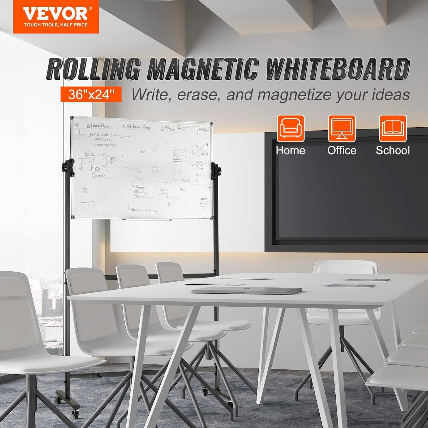 VEVOR Double-Sided Rolling Magnetic Whiteboard - 36x24 Inches, Adjustable Height with Wheels & Tray