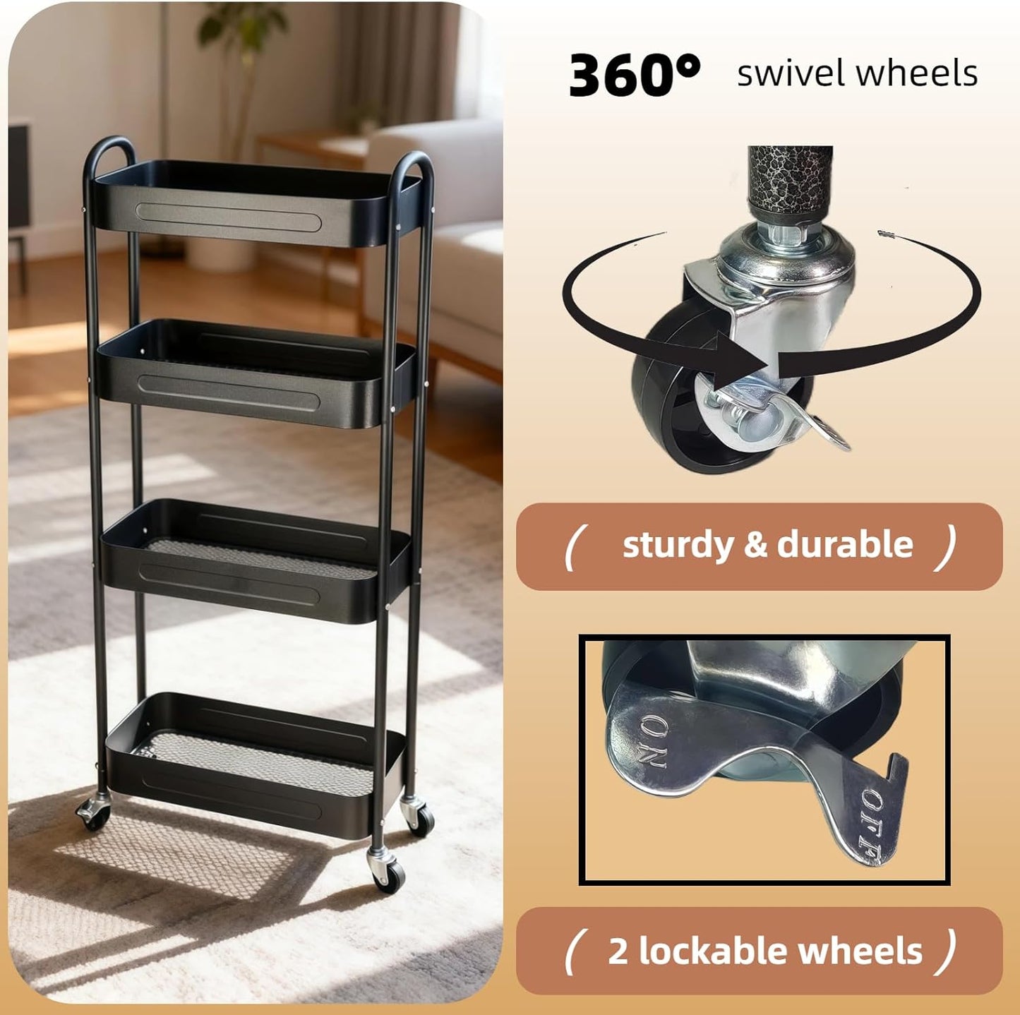 4 Tier Slim Storage Cart - Rolling Laundry Organizer with Lockable Wheels | 7.1'' Narrow Metal Shelf, Black