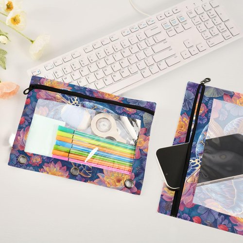 Sea Turtle Pencil Pouch for 3 Ring Binder, Large Pencil Case Pouch with 3 Reinforced Grommets, Pen Bag, Clear Window Pencil Case, Binder Accessories, 2 Pack