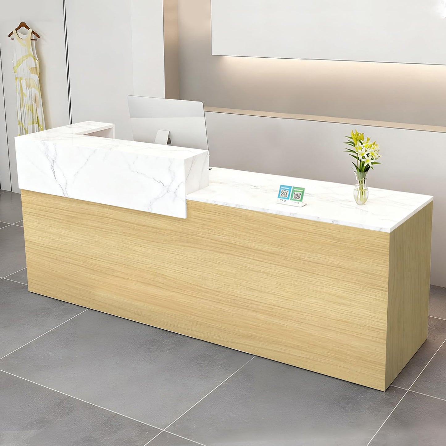 Modern Reception Desk with Drawer & Open Shelves, 39-95 Inch Front Counter Table, Computer Workstation Suitable for Salons, Offices, Lobbies, Retail Stores and Home Offices