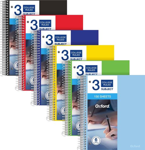 Oxford 3 Subject College Ruled Spiral Notebook 8.5x 11 - Poly, Water Resistant Cover - 150 Sheets, 6 Pack