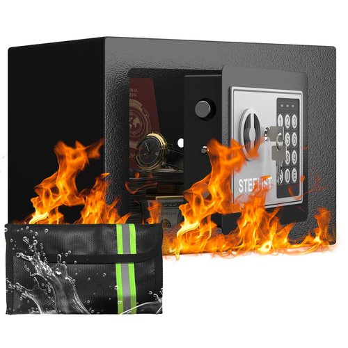 STEELIST Small Safes with Fireproof Bag, 0.23 Cubic Fireproof Safe for Home, Safety Box with Key, Black Digital Security Safes, Fire Proof Safe for Jewelry, Cash, Personal Box for Hotel, Busines