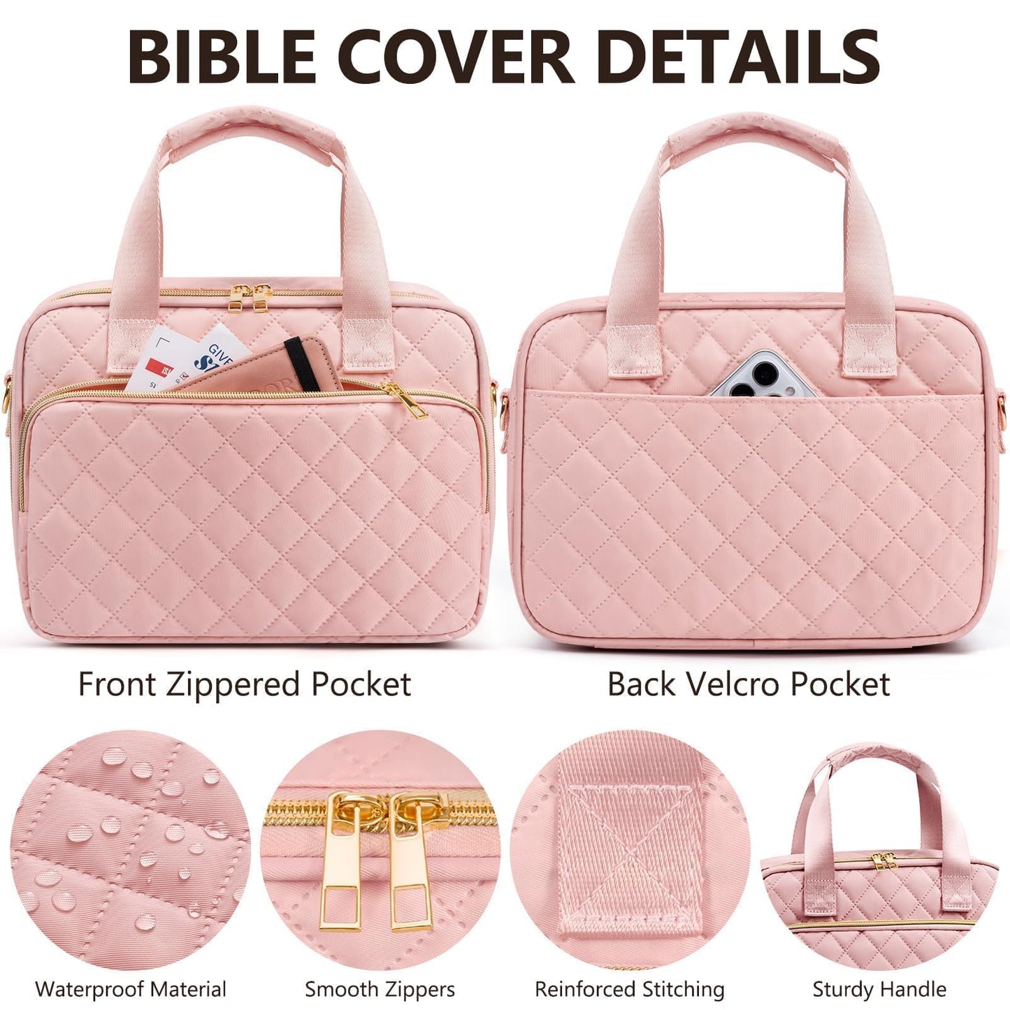 Bible Cover Case for Women, Large Bible Bag Bible Study Supplies Accessories Journaling Kit with Highlighters Tabs, Quilted Book Carrying Cases with Shoulder Strap, Christian Easter Gifts for Women