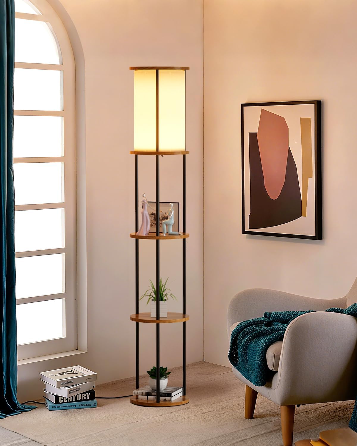 Lightdot 61" Floor Lamp with Shelves, Modern Black Standing Lamp with Fabric Shade and 3- Tier Solid Wood Table Attached, Corner Bookshelf Lamps with Bulb Included for Sofa Beside/Corner Decor