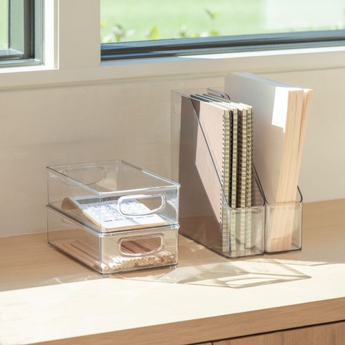 mDesign Plastic Slim Vertical File Folder Storage Organizer Bin with Handle, Hold Notebooks, Binders, Envelopes, Magazines for Home Office, Work Desktops, Ligne Collection, 4 Pack, Clear