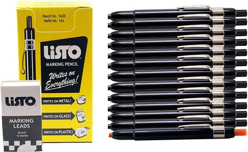 Listo 1620/162 Marking Pencils Kit - 12 Black Pencils, 72 Refill Leads - Includes Grease/China/Wax Pencils & Orange Pencil