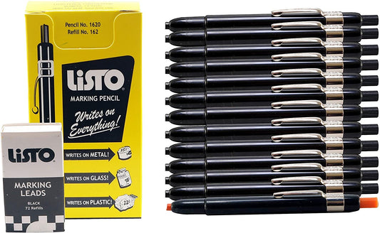 Listo 1620/162 Marking Pencils Kit - 12 Black Pencils, 72 Refill Leads - Includes Grease/China/Wax Pencils & Orange Pencil