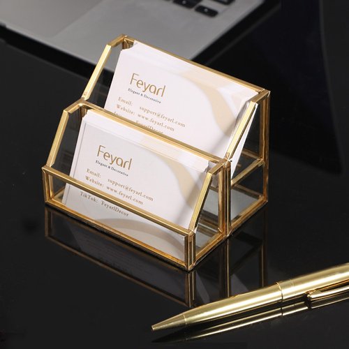 Feyarl Gold Glass Business Card Holder 2 Slots Name Cards Display Stand Business Cards Organizer Storage for Office Meeting Front Desktop Countertop