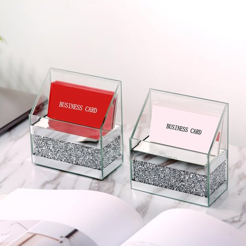 TACIDON 2 Pieces Mirrored Business Card Holder for Desk, Modern Crushed Diamond Glass Business Card Display Stand, Business Card Organizer for Office Home Desktop (Silver)