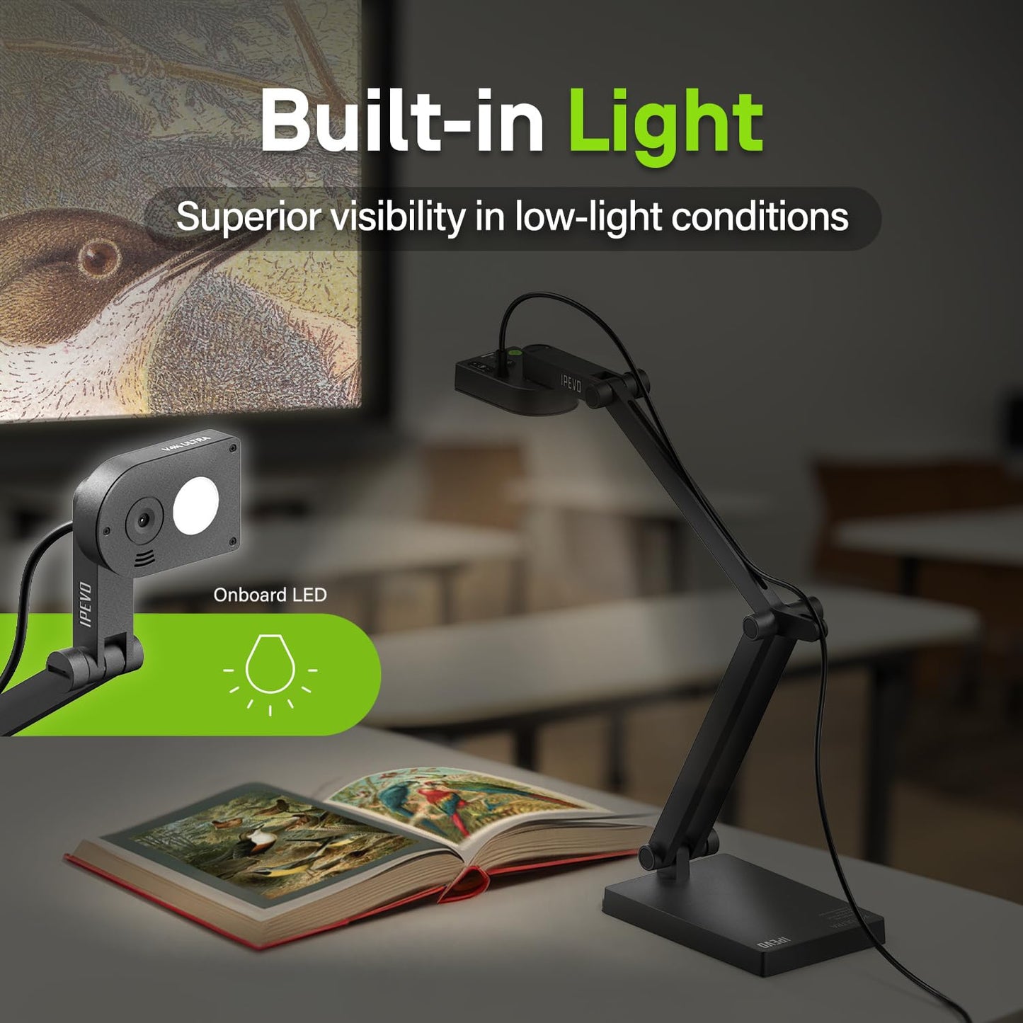 IPEVO V4K-13MP Ultra USB Document Camera, 4K Ultra HD Resolution, Auto-Focus, High-Definition Imaging, Plug and Play. On-The-Go, for Teaching, Visualization, Online Learning, and Web conferencing