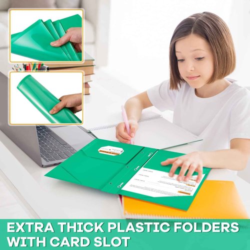 Henoyso 18 Pcs Plastic Folder with Clear Front Pocket and 3 Prong Plastic Folders with Card Slot Pocket Folders with Prongs for School Office (Green)