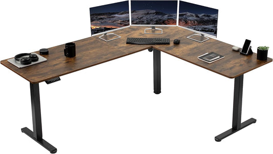VIVO Corner Standing Desk - 75 x 63 Inch Reversible L-Shaped Workstation | Electric Height Adjustment, Rustic Vintage Brown Top